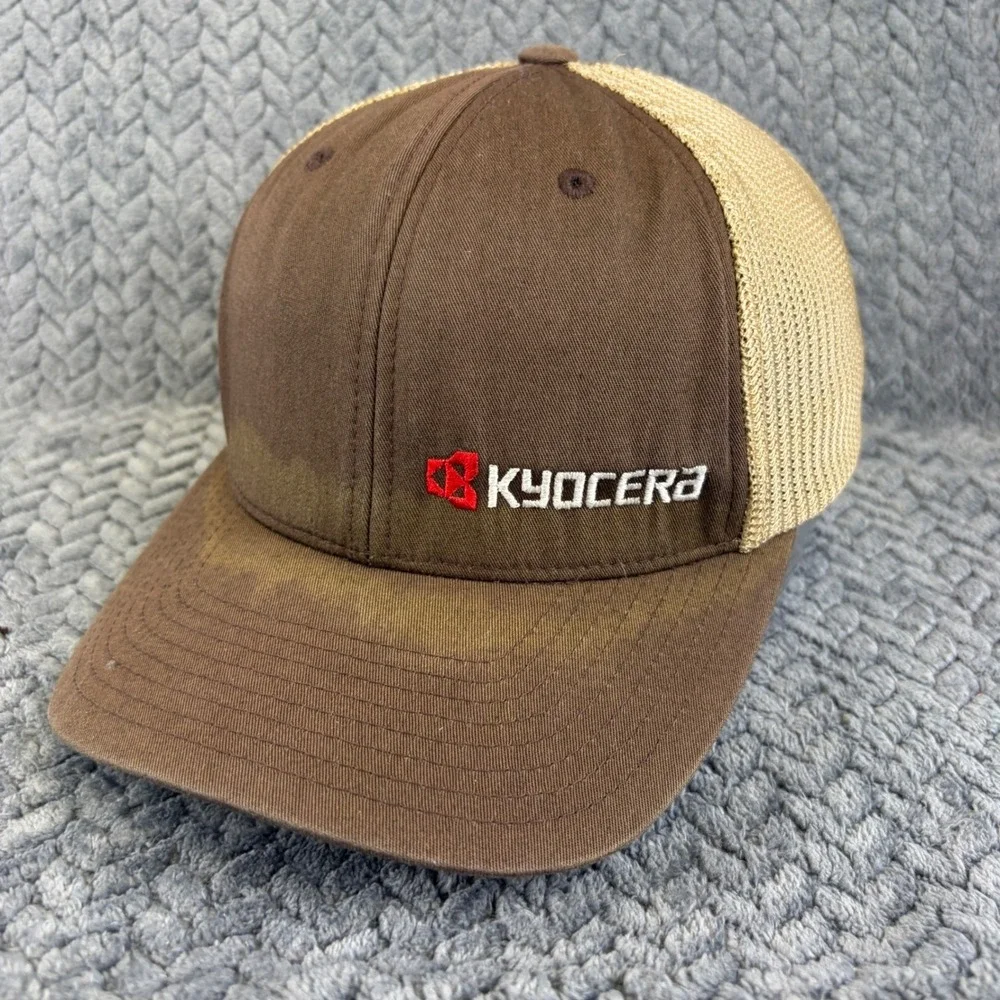 Kyocera Flexfit Mesh Trucker Hat Brown Tan Embroidered Logo Cap 0627